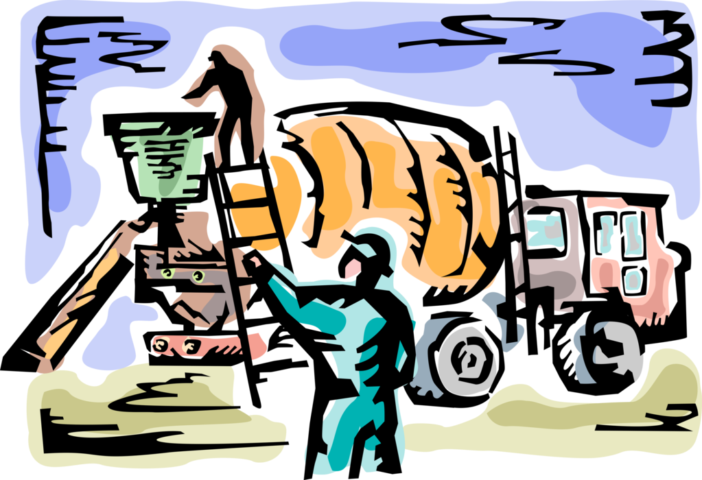 Vector Illustration of Heavy Machinery Equipment Concrete Cement Mixer on Building Construction Site