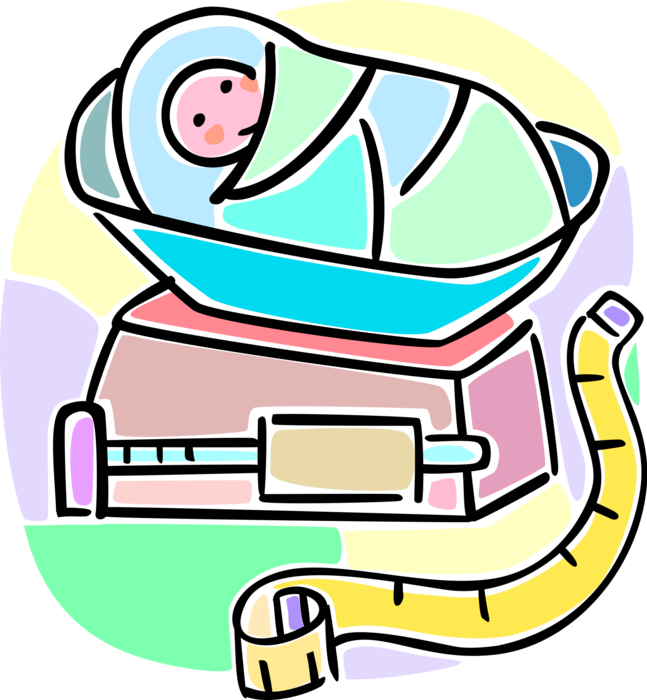 Vector Illustration of Newborn Infant Baby Weighed and Measured on Scale in Hospital Maternity Ward