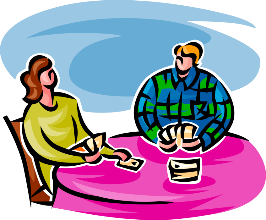 Vector Illustration of Couple Play Cards at Card Table