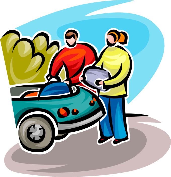 Vector Illustration of Vacation Couple Load Travel Luggage into Automobile Motor Vehicle Car