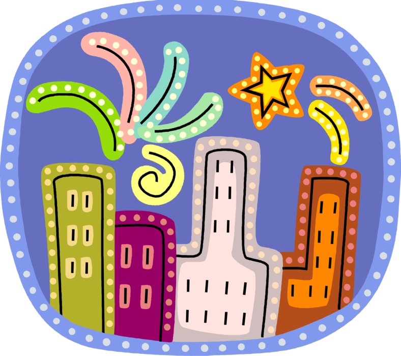 Vector Illustration of Urban Metropolitan City Skyline Cityscape with Fireworks Exploding for Celebration