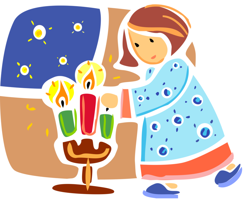 Vector Illustration of Young Girl Lights Christmas Candles on Candlestick