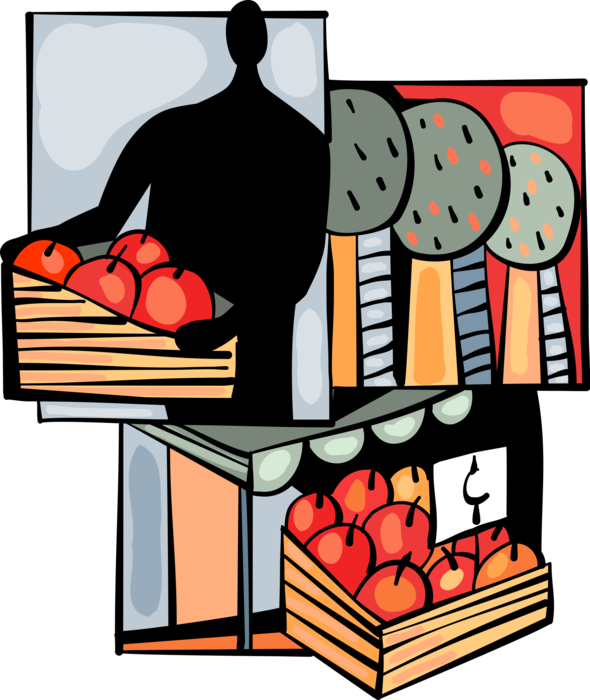 Vector Illustration of Farmer with Apple Orchard Trees and Crate of Apples for Sale at Outdoor Vendor Market