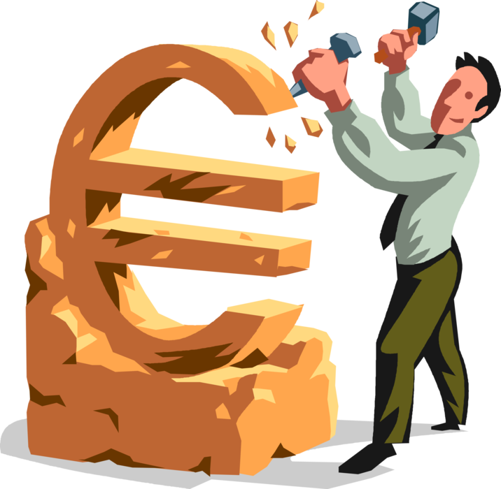 Vector Illustration of Successful Businessman Sculptor with Hammer and Chisel Sculpts Euro Sign