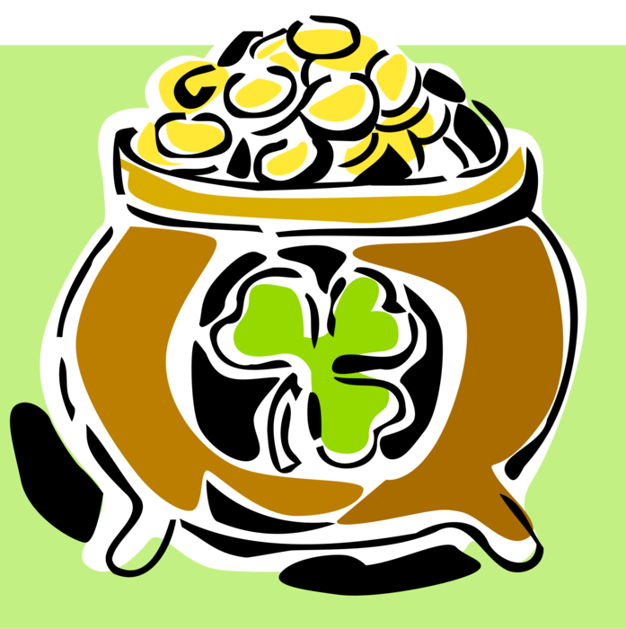 Vector Illustration of Irish Mythology Leprechaun's Pot of Gold Coins from Irish Mythology with Shamrock