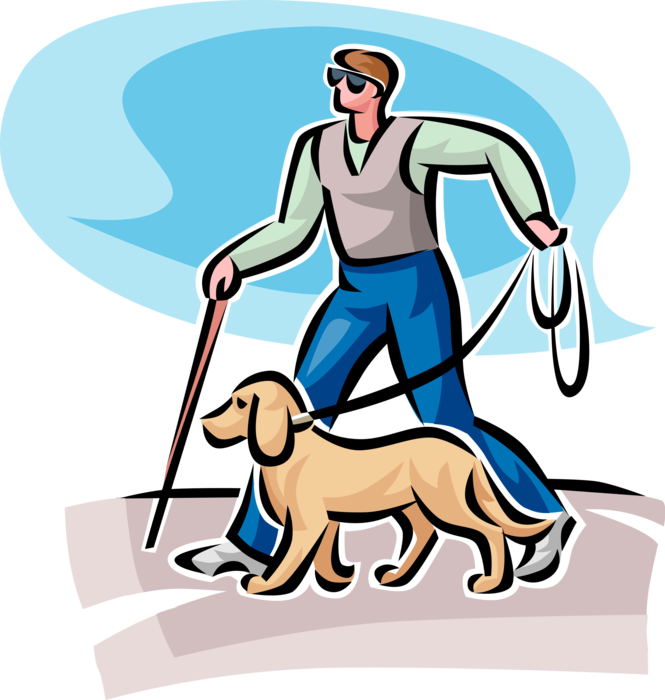 Vector Illustration of Blind Visually Impaired Person Walks with Seeing Eye Guide Dog