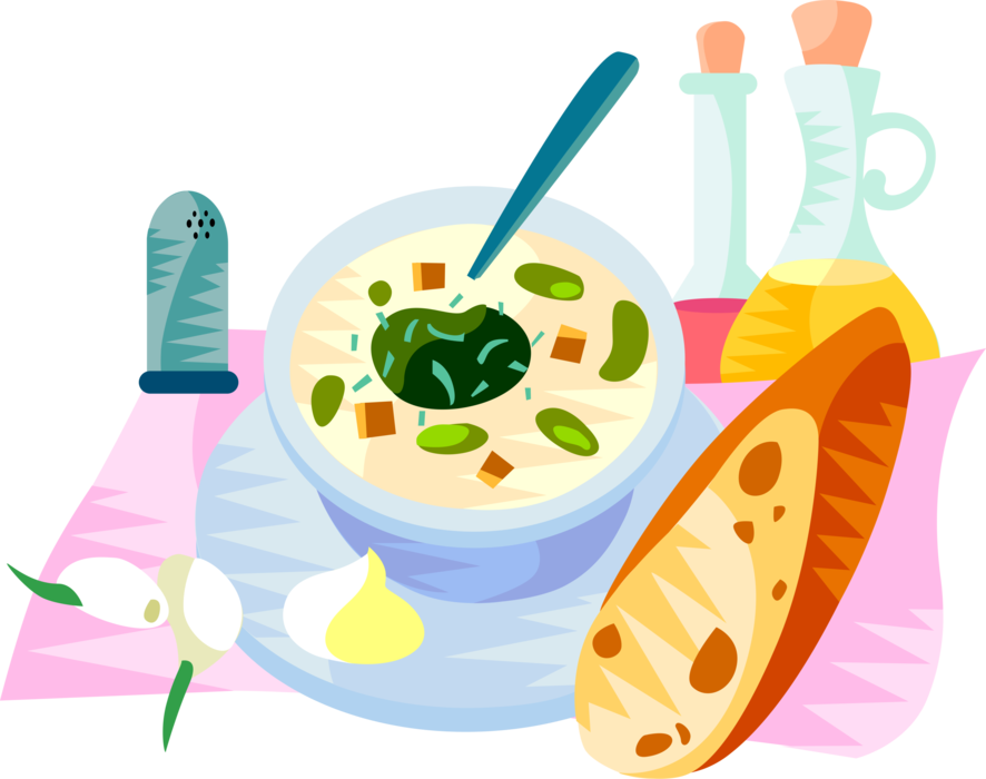 Vector Illustration of European Spanish Cuisine Cup of Garlic Soup Sopa de Ajo