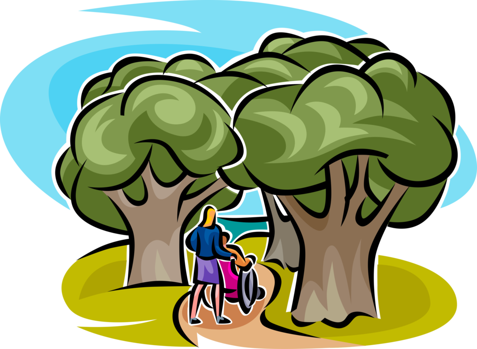 Vector Illustration of Nursing Home Attendant Pushes Handicapped or Disabled in Wheelchair Through Forest Trees