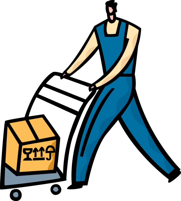 Vector Illustration of Warehouse Worker Pushes Box-Moving Handcart Dolly or Hand Truck with Shipment for Delivery