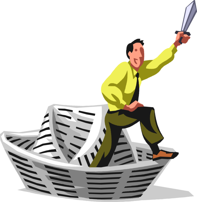 Vector Illustration of Businessman in Paper Boat Armed for Battle with Sword