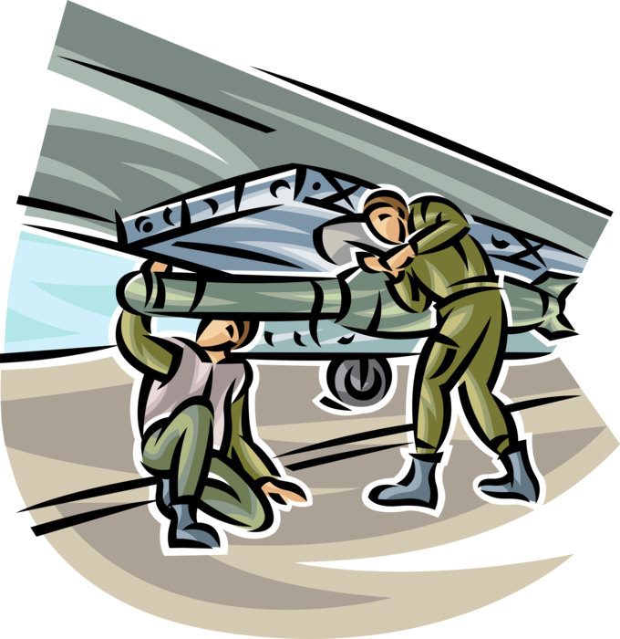 Vector Illustration of United States Navy Aircraft Carrier Air Operation Flight Deck Crew Load Ordnance Missiles on Fighter Jet