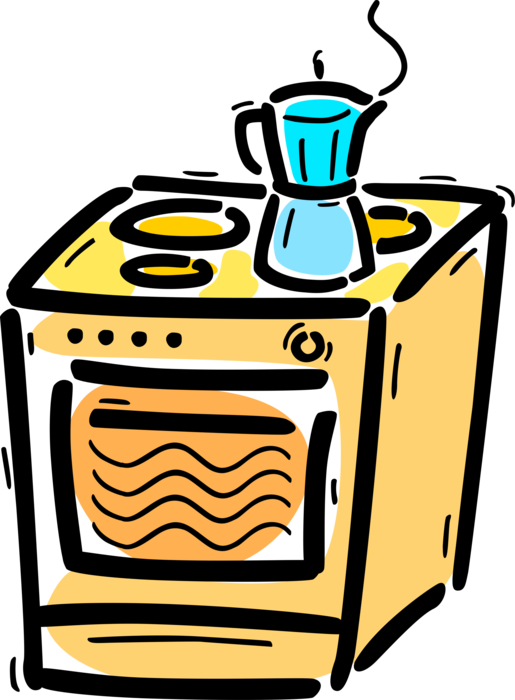 Vector Illustration of Kitchen Appliance Electric Stove, Range or Oven with Coffeepot Coffee Maker