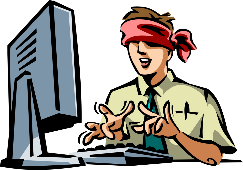 Vector Illustration of Businessman with Blindfold Demonstrates Ingenuity and Intuition Typing on Computer Keyboard