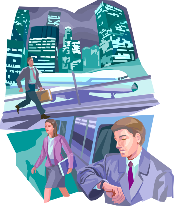 Vector Illustration of Business Travelers with Transportation Commercial Passenger Jet Aircraft Airplane at Airport Terminal
