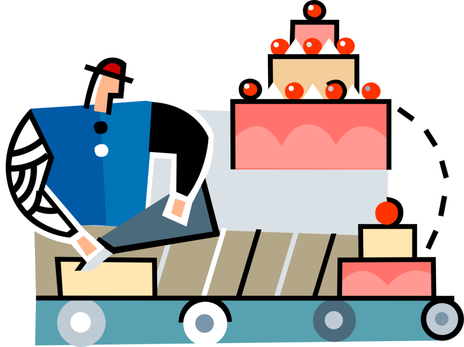 Vector Illustration of Assembly Line Bakery Factory Baker Decorates Baked Cake with Icing Frosting and Cherries