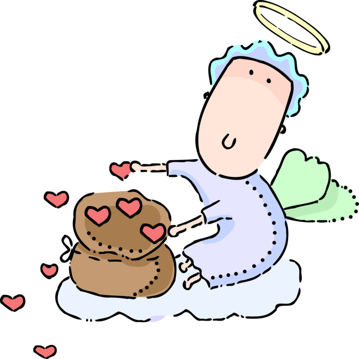 Vector Illustration of Winged Cupid Angel God of Desire and Erotic Love Bakes Chocolate Layer Cake with Love Hearts