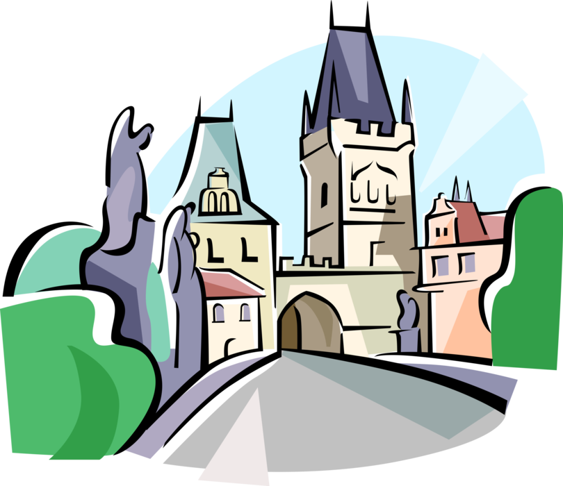 Vector Illustration of Charles Bridge with Old Town bridge Tower, Prague, Czech Republic