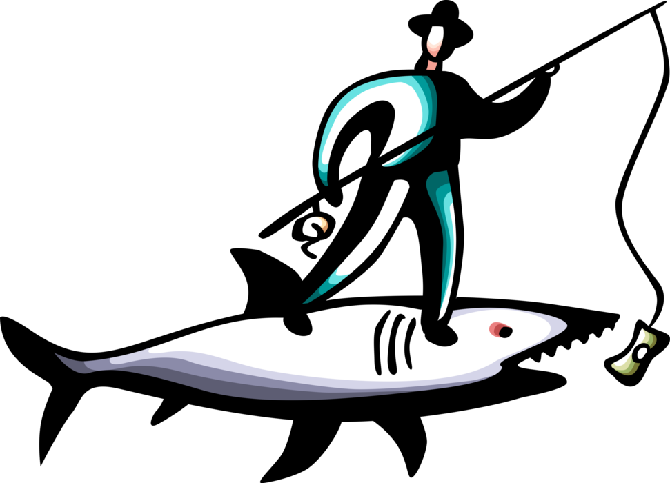 Vector Illustration of Businessman Jumps the Shark Dangles Incentive Cash Money Dollars with Fishing Rod