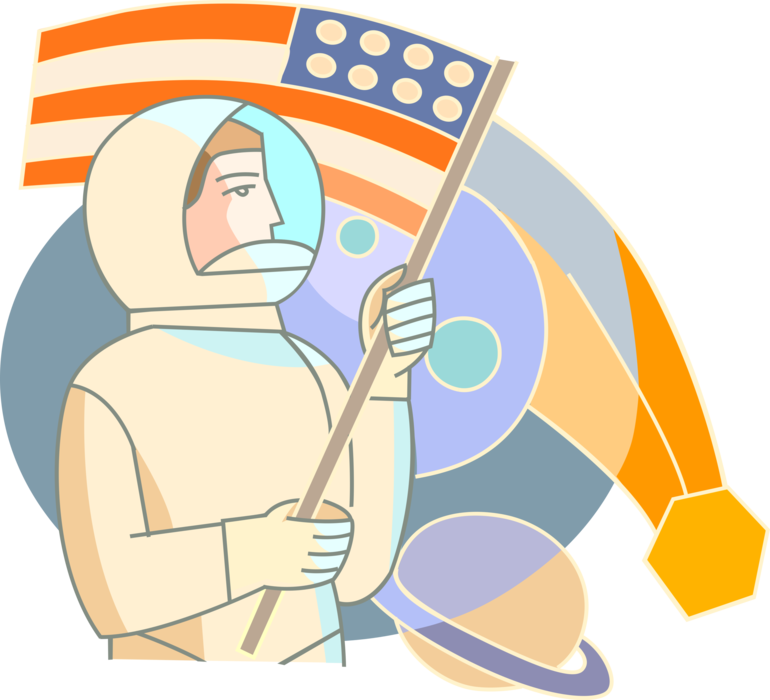 Vector Illustration of Outer Space Exploration Astronaut Discovers New Planets in Universe with Manifest Destiny American Flag