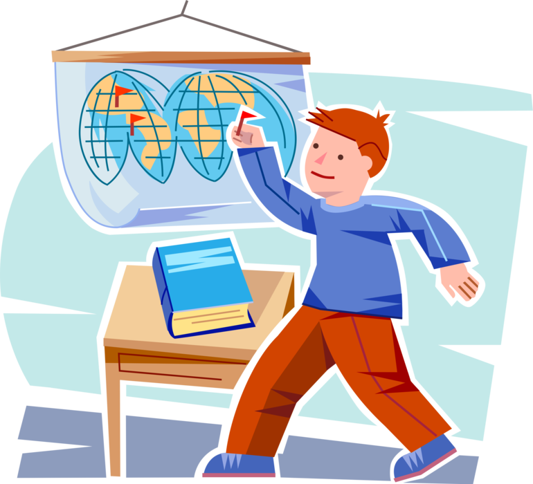Vector Illustration of Primary or Elementary School Student Boy Points to Location on World Map in School Classroom
