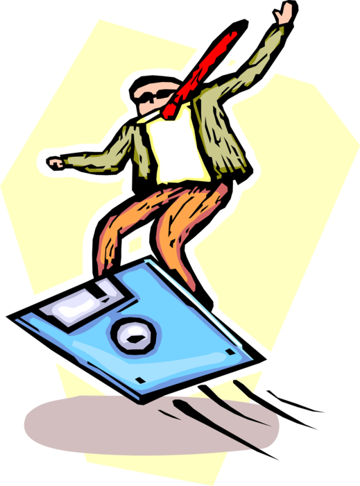 Vector Illustration of Businessman Surfer Rides Floppy Disk Surfboard