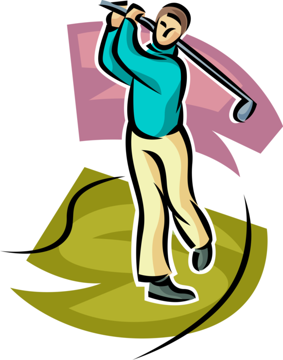 Vector Illustration of Sport of Golf Golfer Takes Swing at Ball with Golf Club on Golf Course