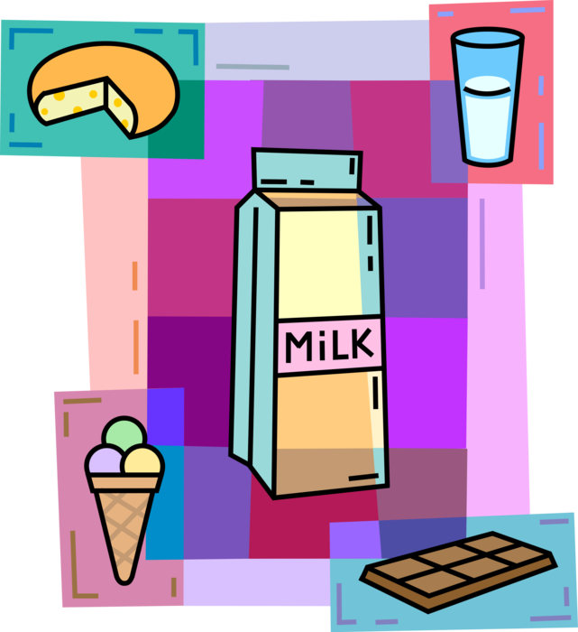 Vector Illustration of Dairy Milk with Cheese, Ice Cream Cone, and Chocolate Candy Bar