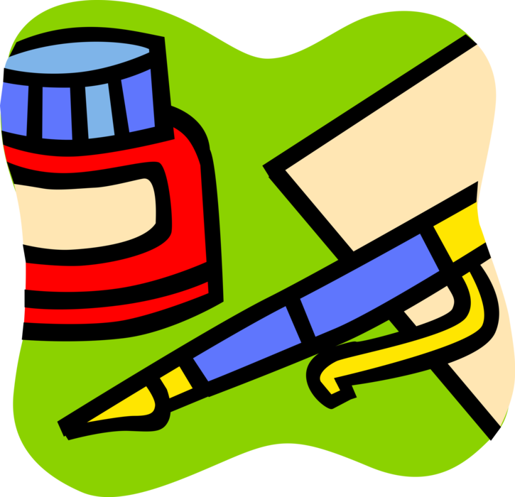 Vector Illustration of Ink Bottle with Fountain Pen Writing Instrument