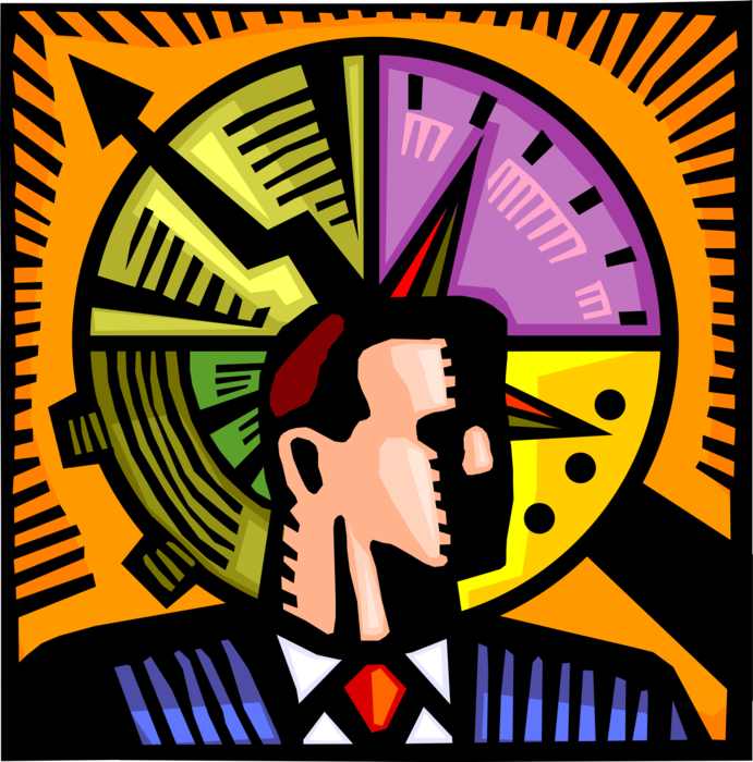Vector Illustration of Businessman Understands Concept of Time and Money with Cogwheel Gear, Pie Chart, Clock