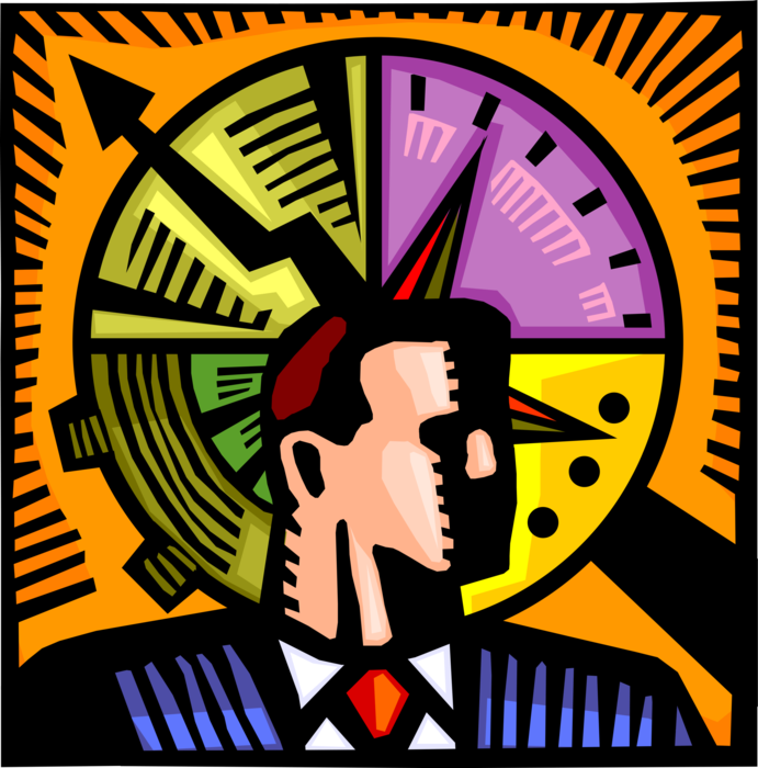 Vector Illustration of Businessman Understands Concept of Time and Money with Cogwheel Gear, Pie Chart, Clock
