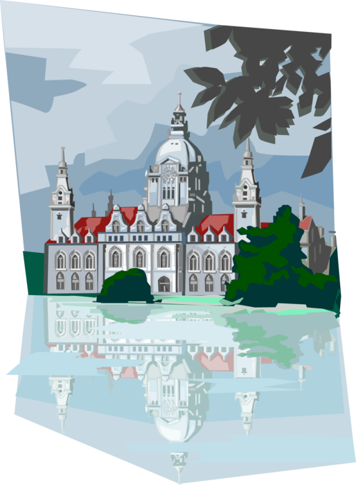 Vector Illustration of Hannover City Hall Pond Reflection, Germany 