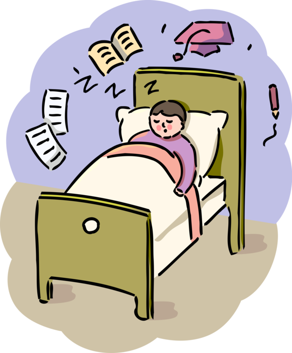 Vector Illustration of Sophomore Student Sleeps in Bed Dreaming of School Education and Graduation