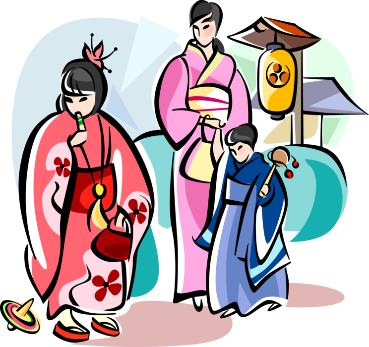 Vector Illustration of Japanese Mother and Children in Traditional Dress