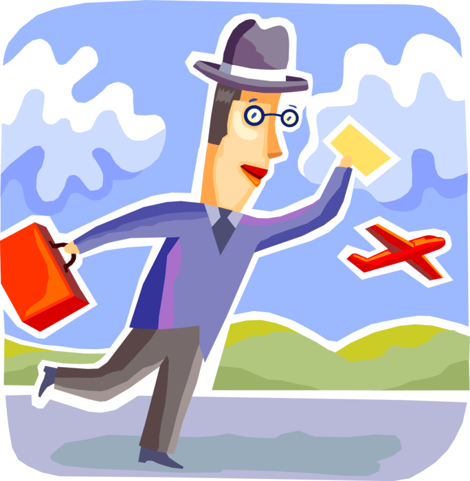 Vector Illustration of Business Travel Passenger Runs Late to Catch Airline Flight with Briefcase and Airfare Ticket