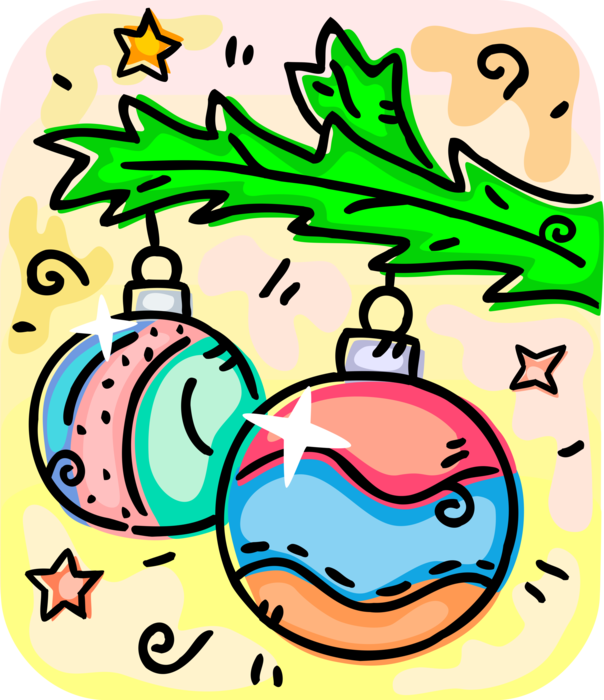 Vector Illustration of Festive Season Christmas Ornament Decorations on Evergreen Tree Bough Branch