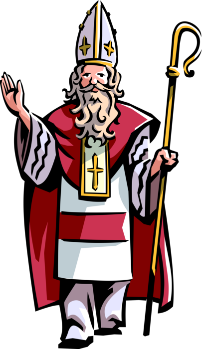 Vector Illustration of Roman Catholic Church Christian Bishop Priest Religious Cleric Wears Mitre Hat with Crozier Staff