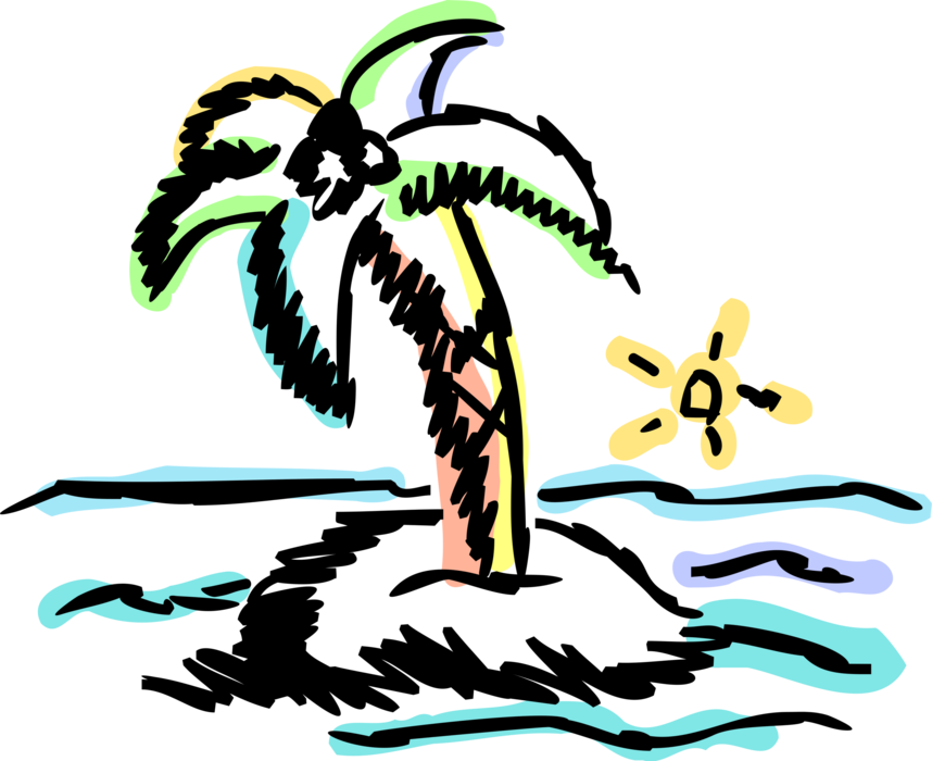 Vector Illustration of Deserted Tropical Island with Palm Tree, Sun Shining, and Ocean Waves 