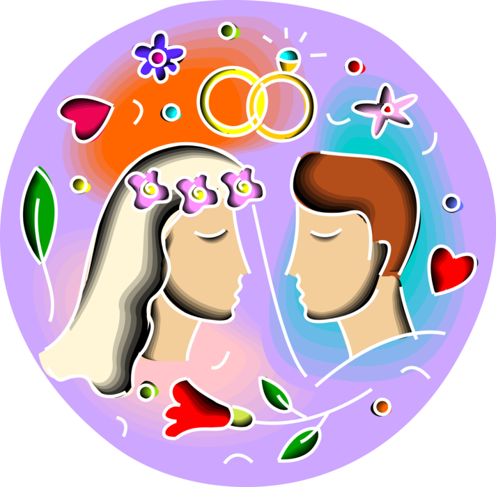 Vector Illustration of Wedding Day Bride and Groom Exchange Vows in Marriage Ceremony with Ring Bands and Love Hearts