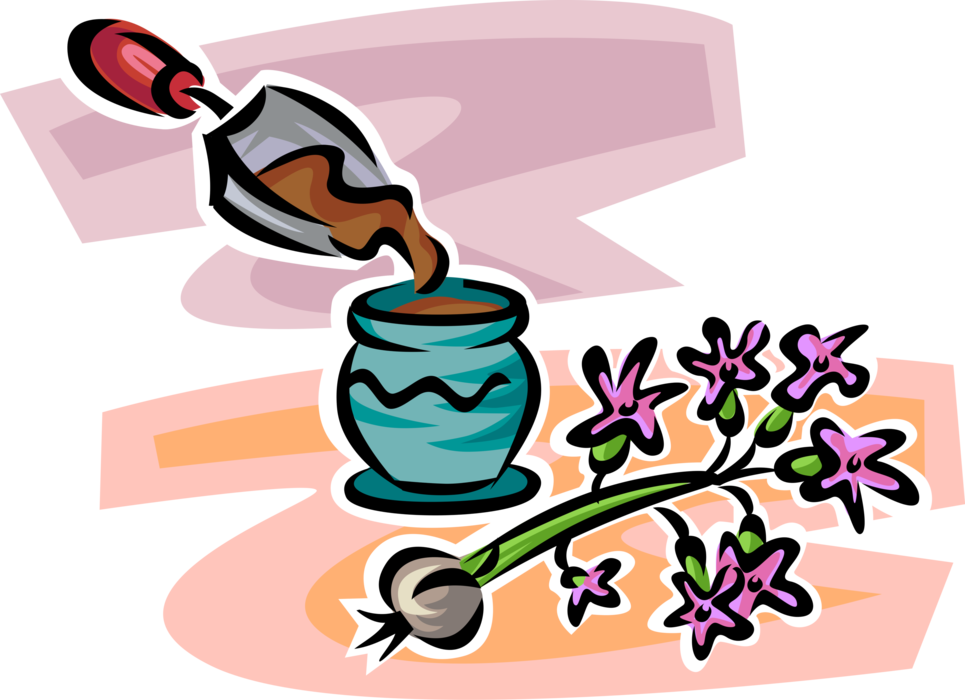 Vector Illustration of Planting Flower in Ceramic Pot with Potting Soil Dirt