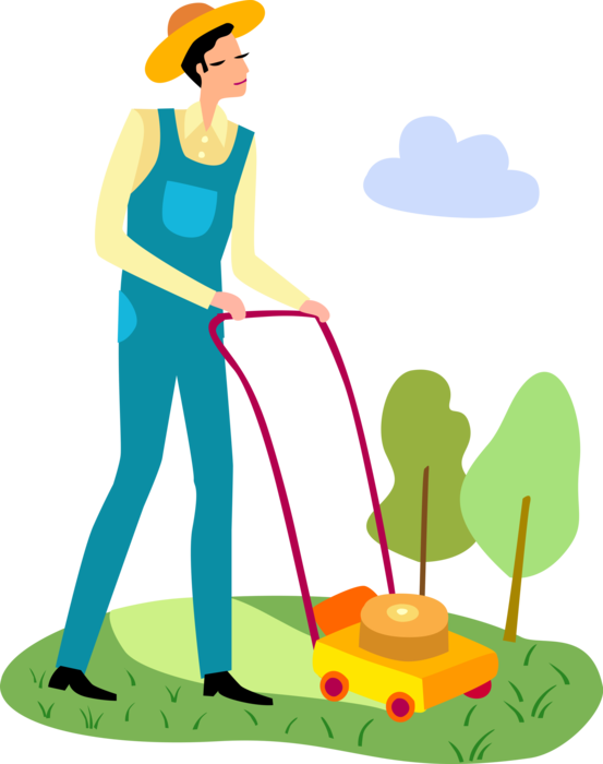 Vector Illustration of Mowing with Yard Work Lawn Mower for Cutting Grass