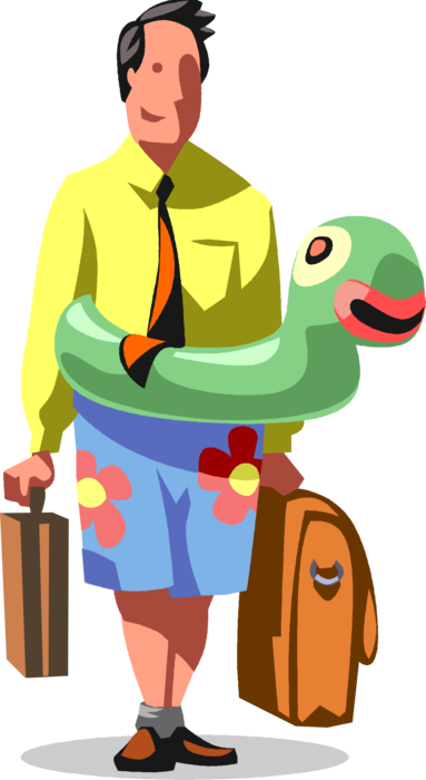 Vector Illustration of Holiday Vacation Travel Businessman Takes Break with Inflatable Pool Toy and Bathing Suit