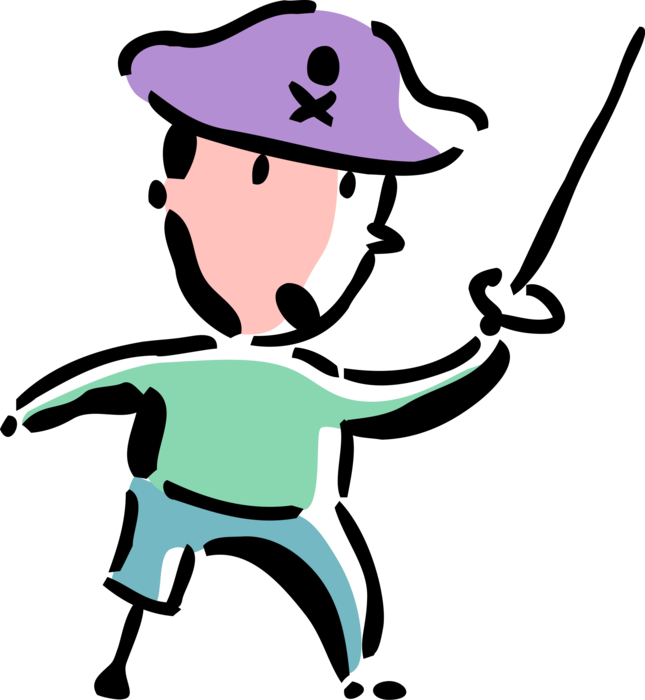 Vector Illustration of Boy in Swashbuckler Pirate Costume with Peg leg Artificial Limb and Sword