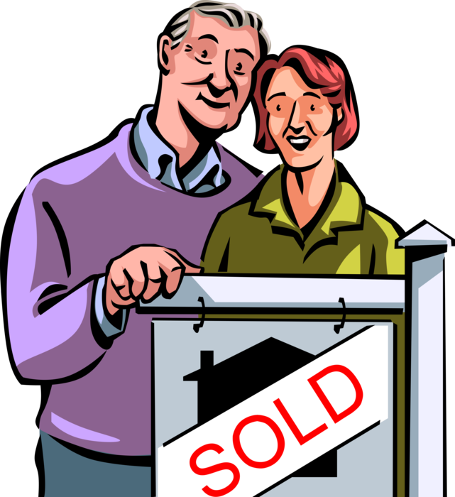 Vector Illustration of Retired Elderly Senior Citizen Downsizes to Condo After Selling Family Home with Sold Sign