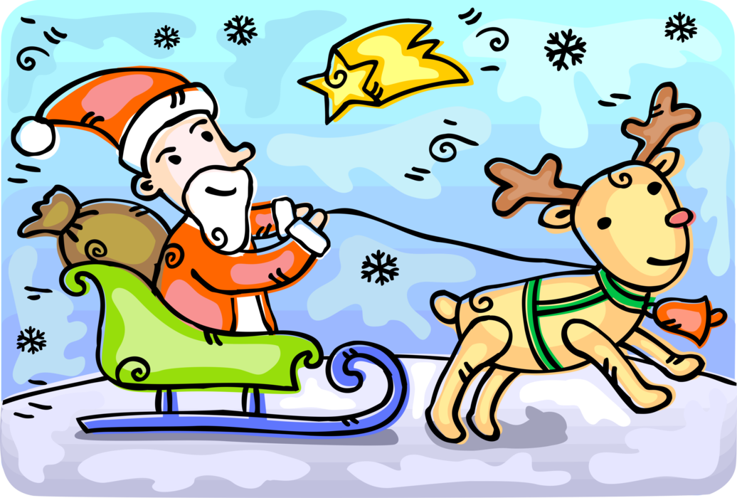 Vector Illustration of Santa Claus, Saint Nicholas, Saint Nick, Father Christmas, Kris Kringle Mythical Figure with Reindeer and Sleigh