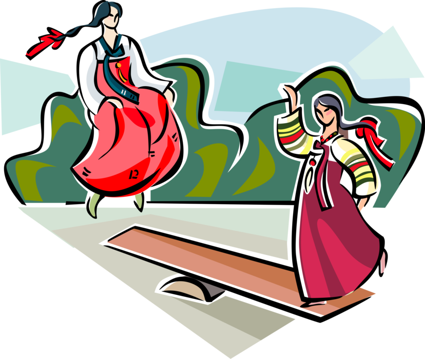 Vector Illustration of Traditional Korean Neolttwigi or Nol-ttwigi Balance Game on Seesaw