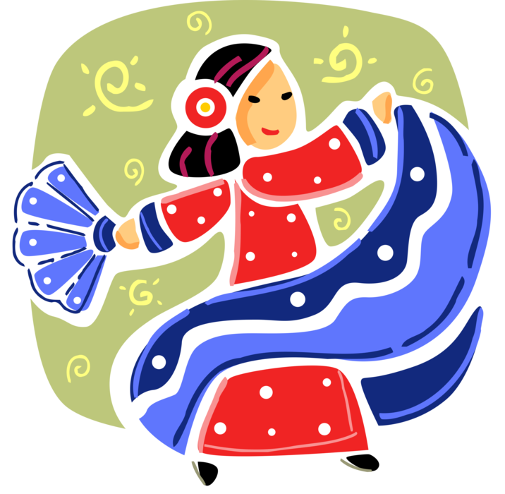 Vector Illustration of Spanish Flamenco Dancer Dancing in Traditional Dress with Folding Hand Fan