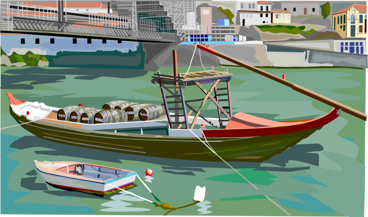 Vector Illustration of Traditional Portuguese Boat Transporting Port Wine, Portugal 