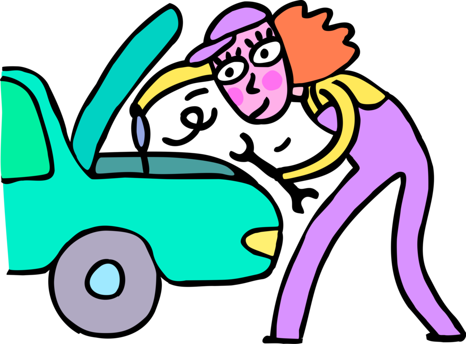 Vector Illustration of Female Automobile Mechanic Works on Motor Vehicle Car in Service Garage