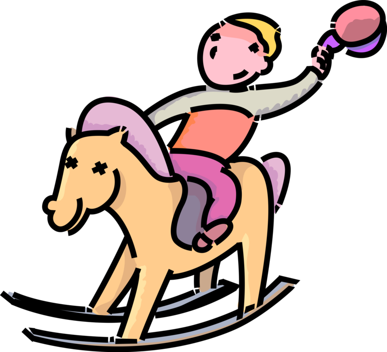 Vector Illustration of Primary or Elementary School Student Boy Rides Toy Rocking Horse