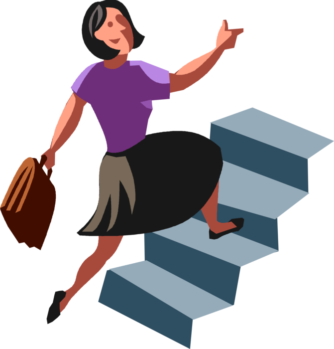 Vector Illustration of Ambitious Businesswoman Runs Up Stairs to Get to the Top and Achieve Success